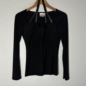 Joseph Ribkoff Black Long Sleeve Blouse Chain Halter Date Night Pleated Bust